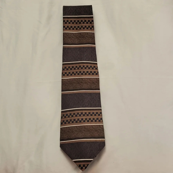 David Taylor Mens Tie Navy, Off White & Hues of Browns - Picture 1 of 6
